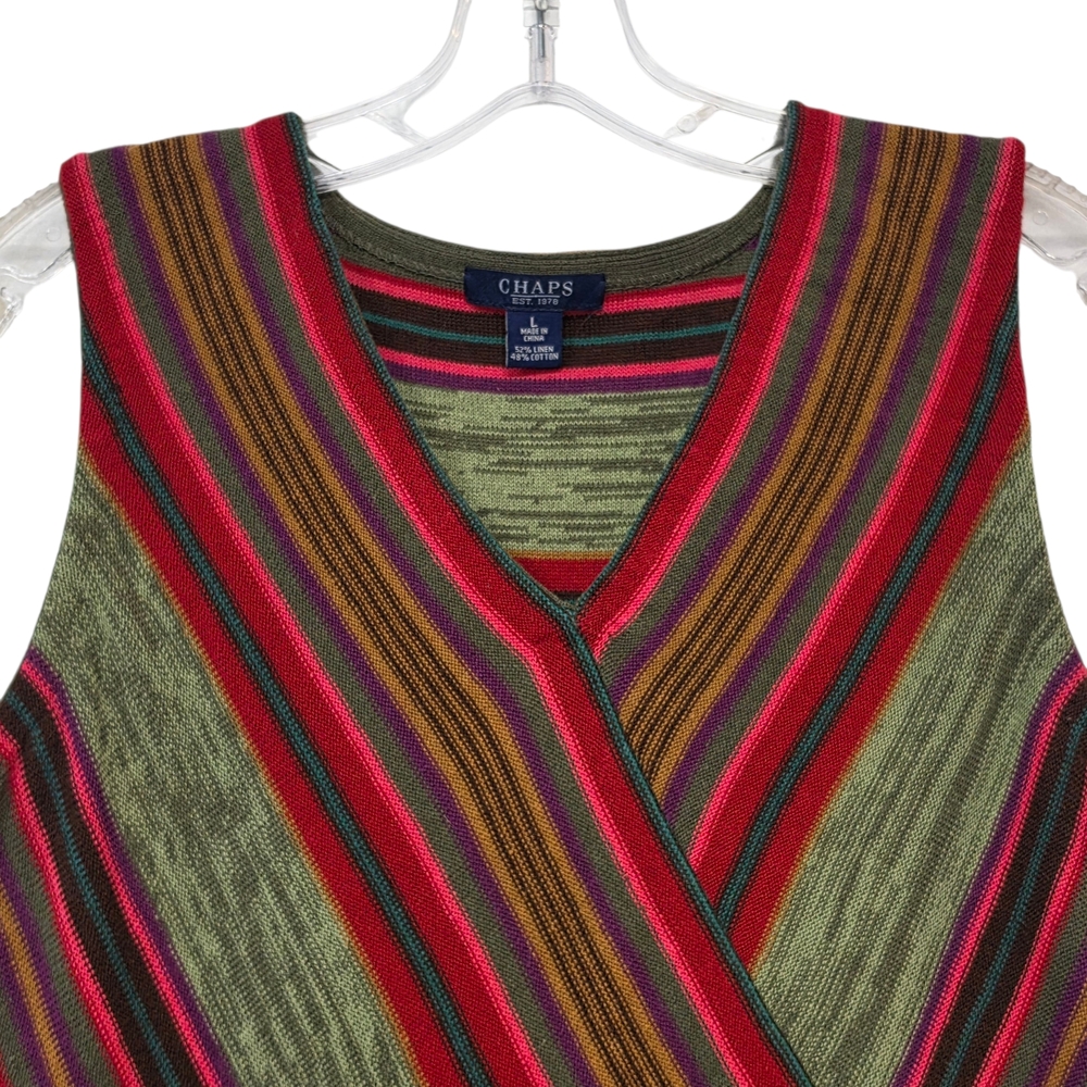 Chaps Colorful Striped Linen/Cotton Knit Wrap-Front Sleeveless Sweater Size L - Picture 2 of 13